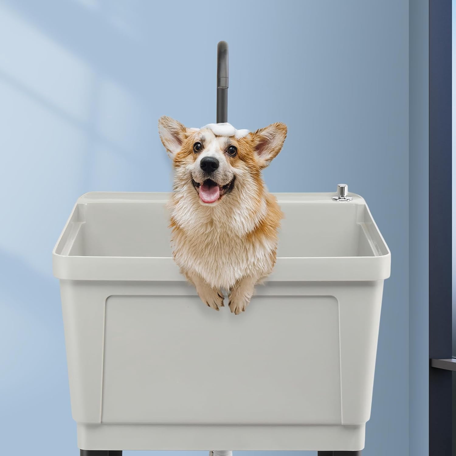 Ktaxon 21 Gallon Plastic Utility Sink with Hot/Cold Faucet, 36" Freestanding Laundry Tub with Adjustable Legs, Soap Dispenser and Pop-up Button for Bathroom, Laundry Room, Garage, Gray