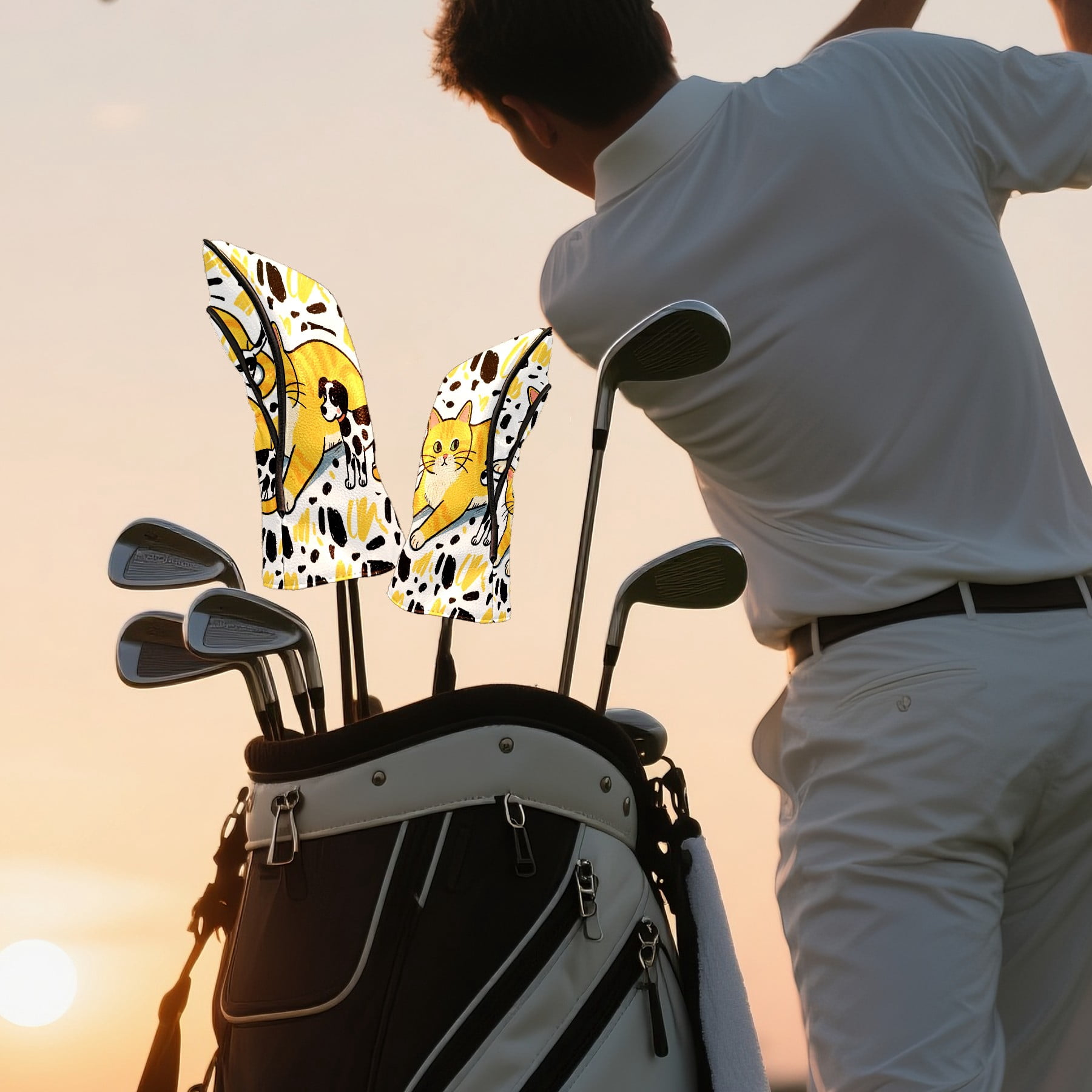 Golf Club Covers, Yellow Pets Premium PU Leather Driver Hybrid Putter Head Covers with Velvet Lining, Waterproof Golf Gifts for Men Women