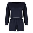thumbnail image 2 of QUYUON Women 2 Piece Outfits Shorts Sets Long Sleeve Scoop Neck Crop Tops Elastic High Waisted Shorts Pants Lounge Sets Casual Summer Solid Color Two Piece Outfits Pajamas Set Dark Blue S, 2 of 4