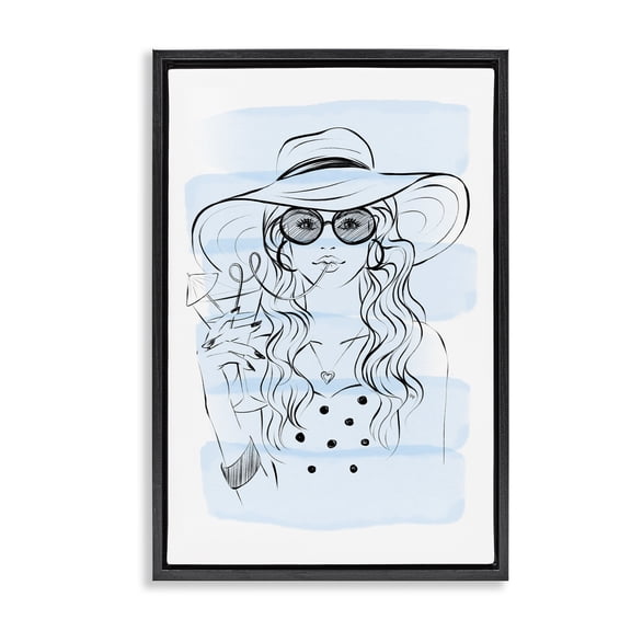 Stupell Industries Sipping Drink Girl in Sun Hat Black Framed Floater Canvas Wall Art, design by Martina Pavlova