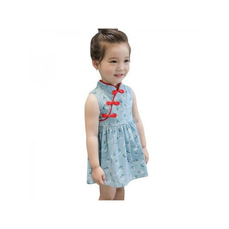 

SUPERHOMUSE Fashion Kids Girls Cute Flower Print Dress Chinese Style Vintage Cheongsam Dresses Sleeveless Baby Clothes 1-6T