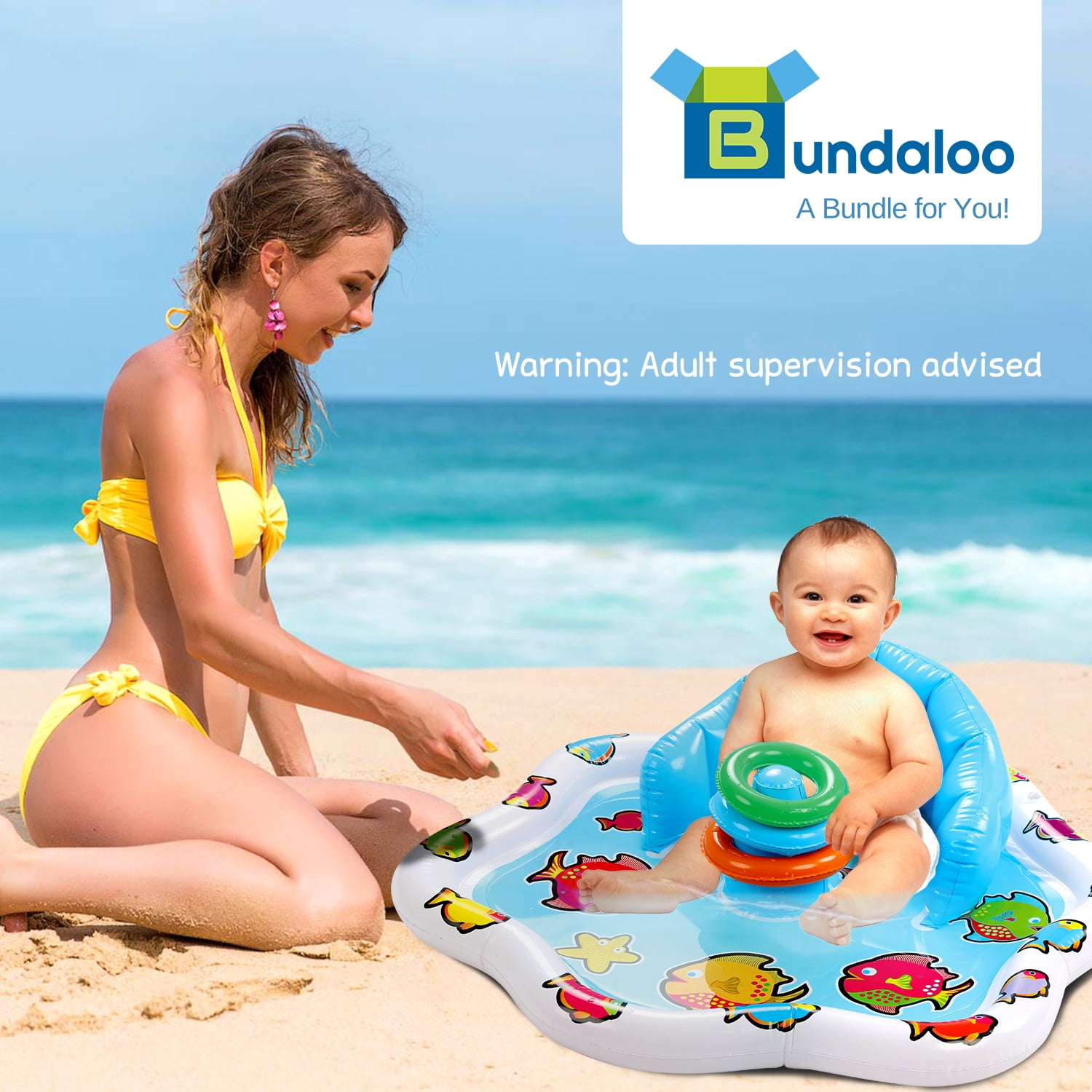 Bundaloo Infant Pool Splash Mat Inflatable with Backrest & Stackable Ring Toys | Summer Fun Activity for Baby Toddlers | Easy Setup