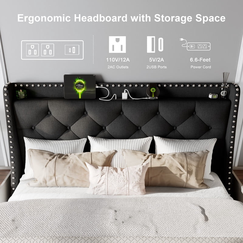 Feonase Queen Bed Frame with Luxury Wingback and Fast Charging Station,Upholstered Button Tufted Storage Headboard Platform Bed,Sturdy Wooden Slats Support,Noise-Free,Easy Assembly,Matte Black