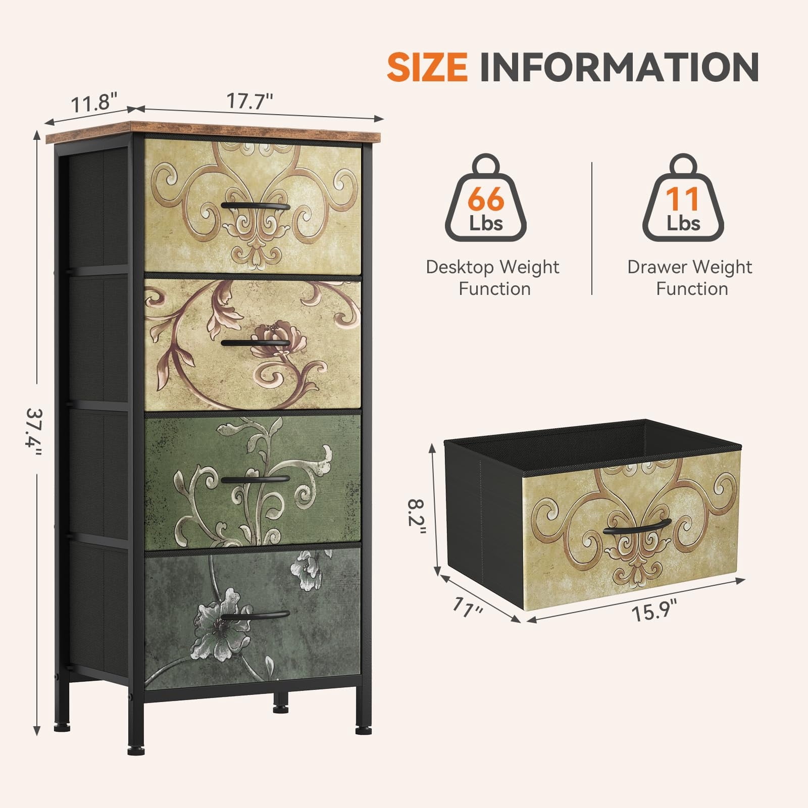Telyra 4-Drawer Fabric Dresser 37.4" Tall Storage Tower with Wood Top and Steel Frame Narrow Organizer, Floral Painted