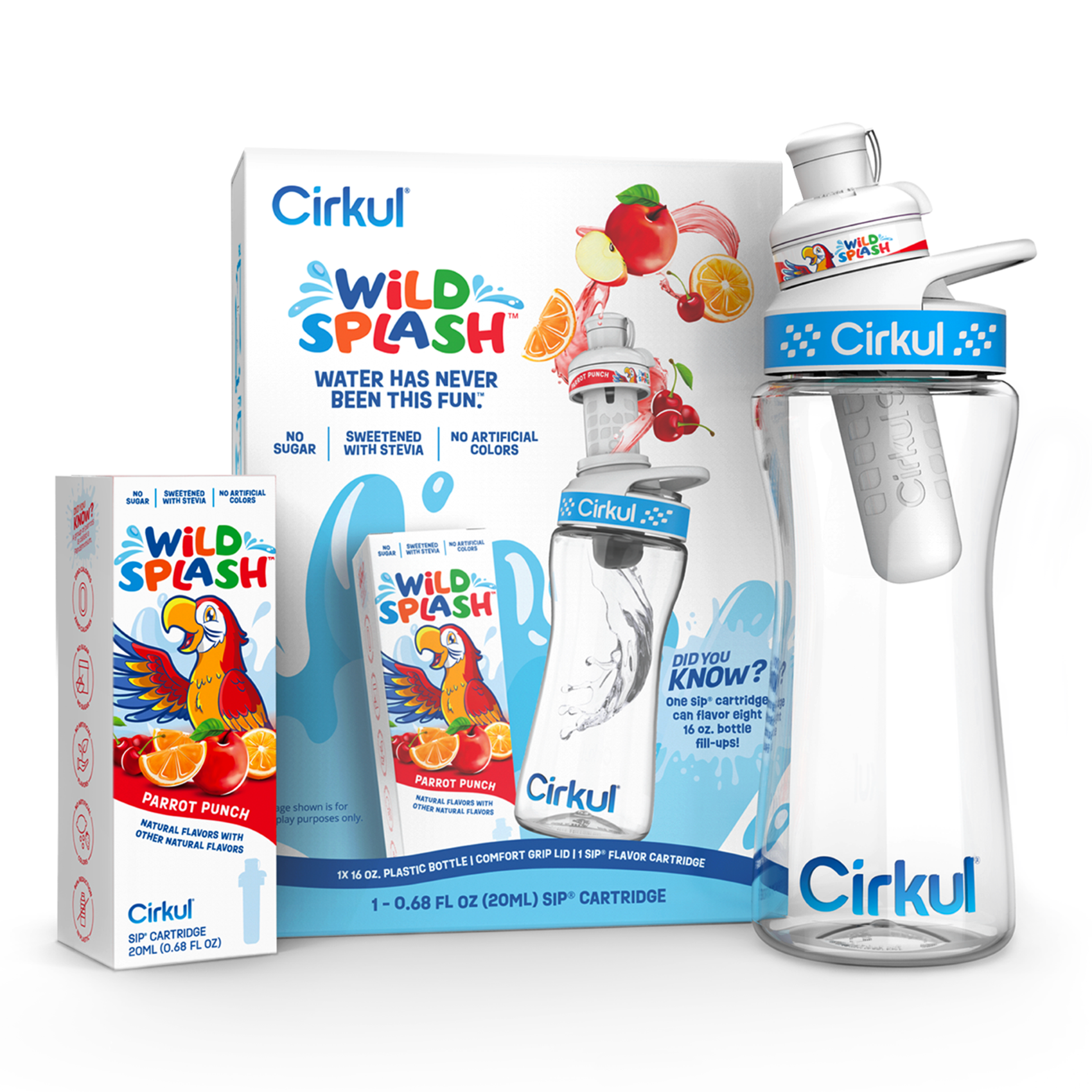 Cirkul Kids Water Bottle Starter Kit, 16oz BPA-Free Bottle with Flavor Cartridge, Blue Lid (Parrot Punch)