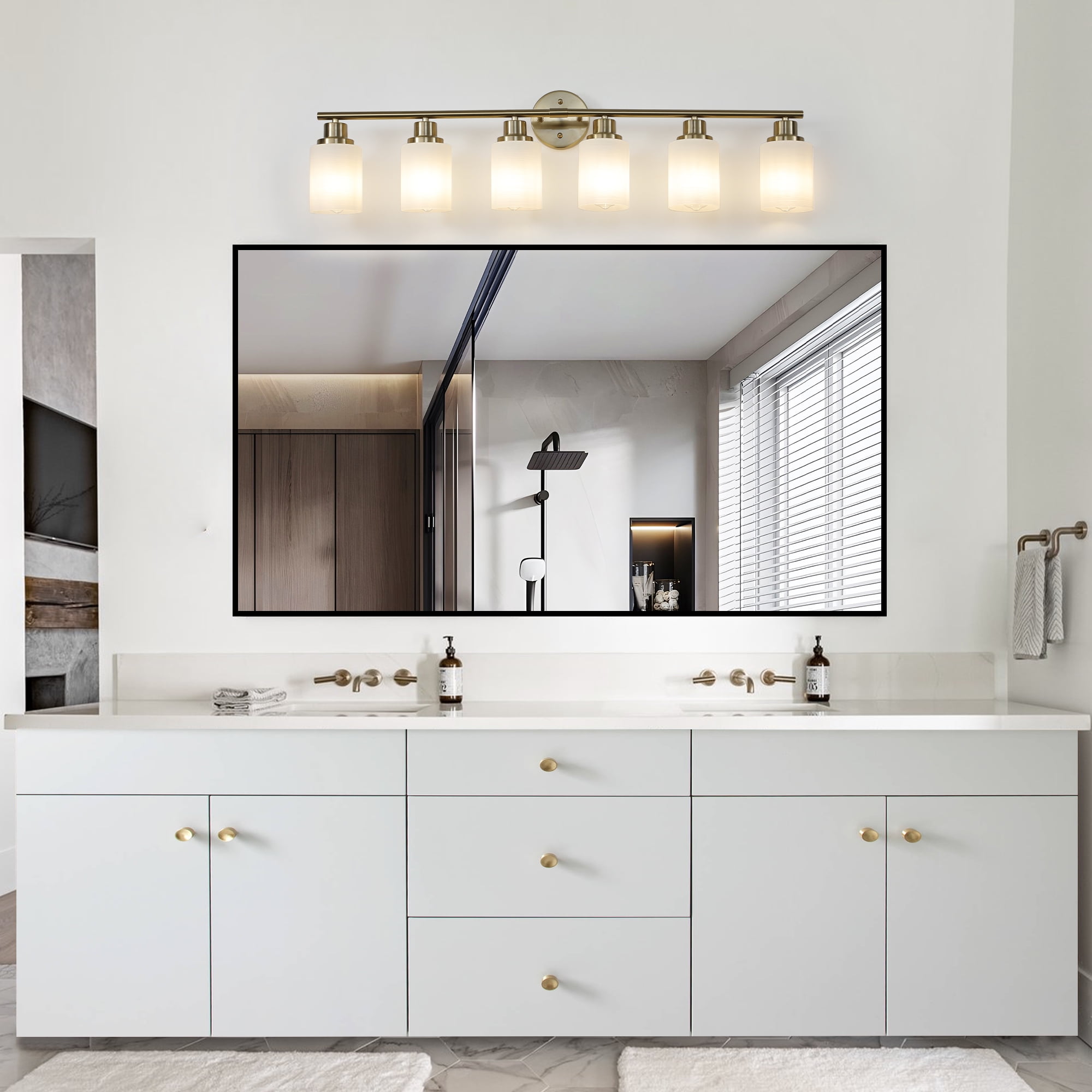 YANSUN 39 in Gold Modern 6-Light Vanity Wall Sconce with Frosted Glass Shades, Bathroom Light Fixture for Mirror, Dressing Room (Bulbs Not Included)
