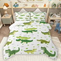 Homewish Cartoon Crocodile Bedding Comforter Set,Wild Animal Twin Comforter Sets,Green White Bedding Set For Boys Kids,Luxury Bedroom Decor Reversible,2-Piece