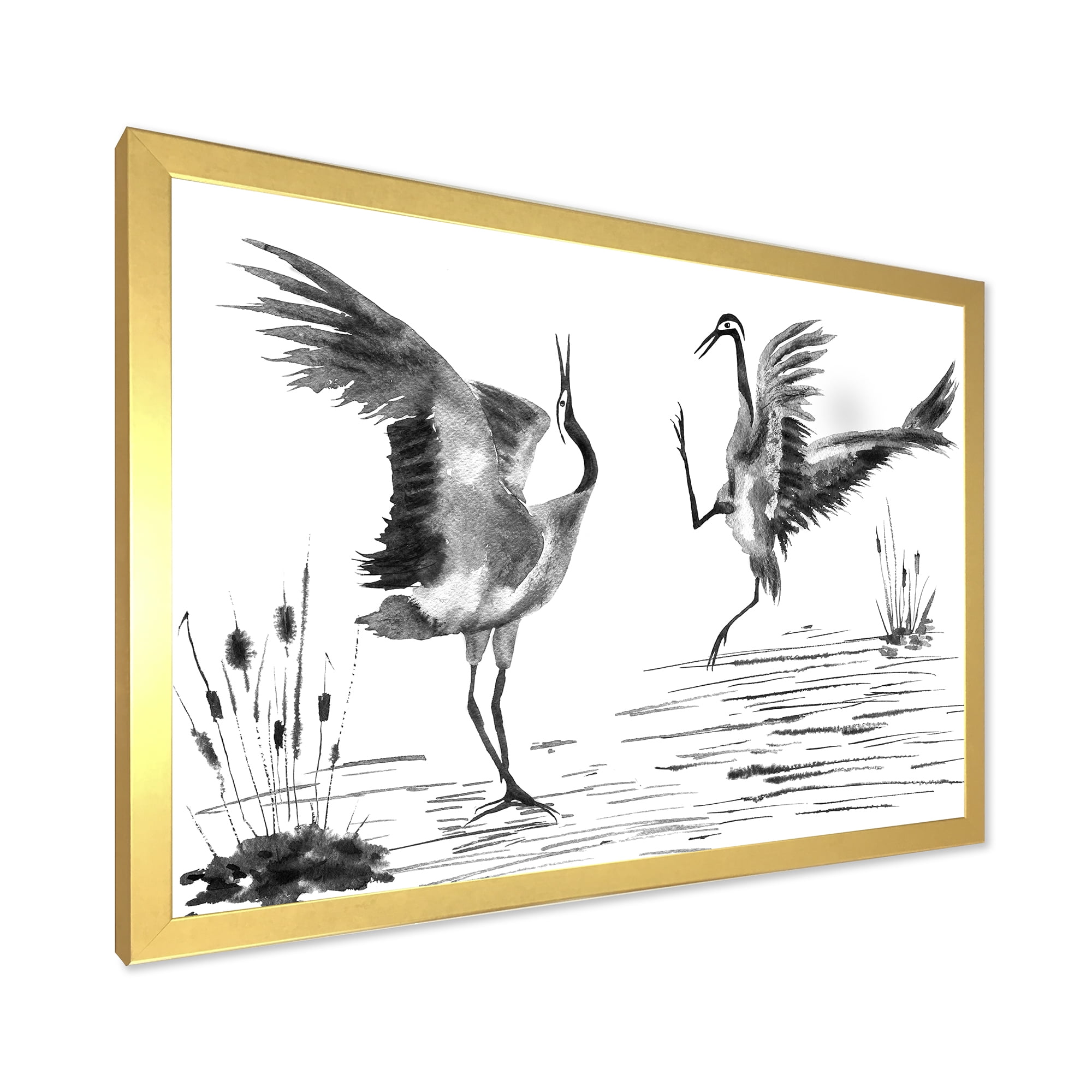 Designart 'Monochrome Two Enamored Japanese Cranes Birds' Traditional Framed Art Print