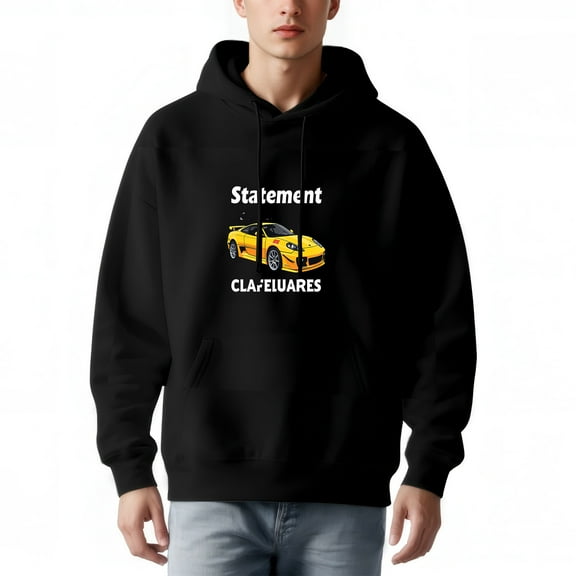 Men's Loose Fit Hoodie with Front Pocket Drawstrings Graphic Yellow Sports Car Design