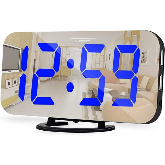 Digital Alarm Clock - 6.5 Inch Large LED Display Mirror Dual USB Charging Port Snooze 12/24 Hours 3 Adjustable Brightness Levels for Bedroom Home Office Blue