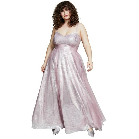 City Studios Women's Pink Trendy Plus Size Foil-Knit Sleeveless Gown Dress