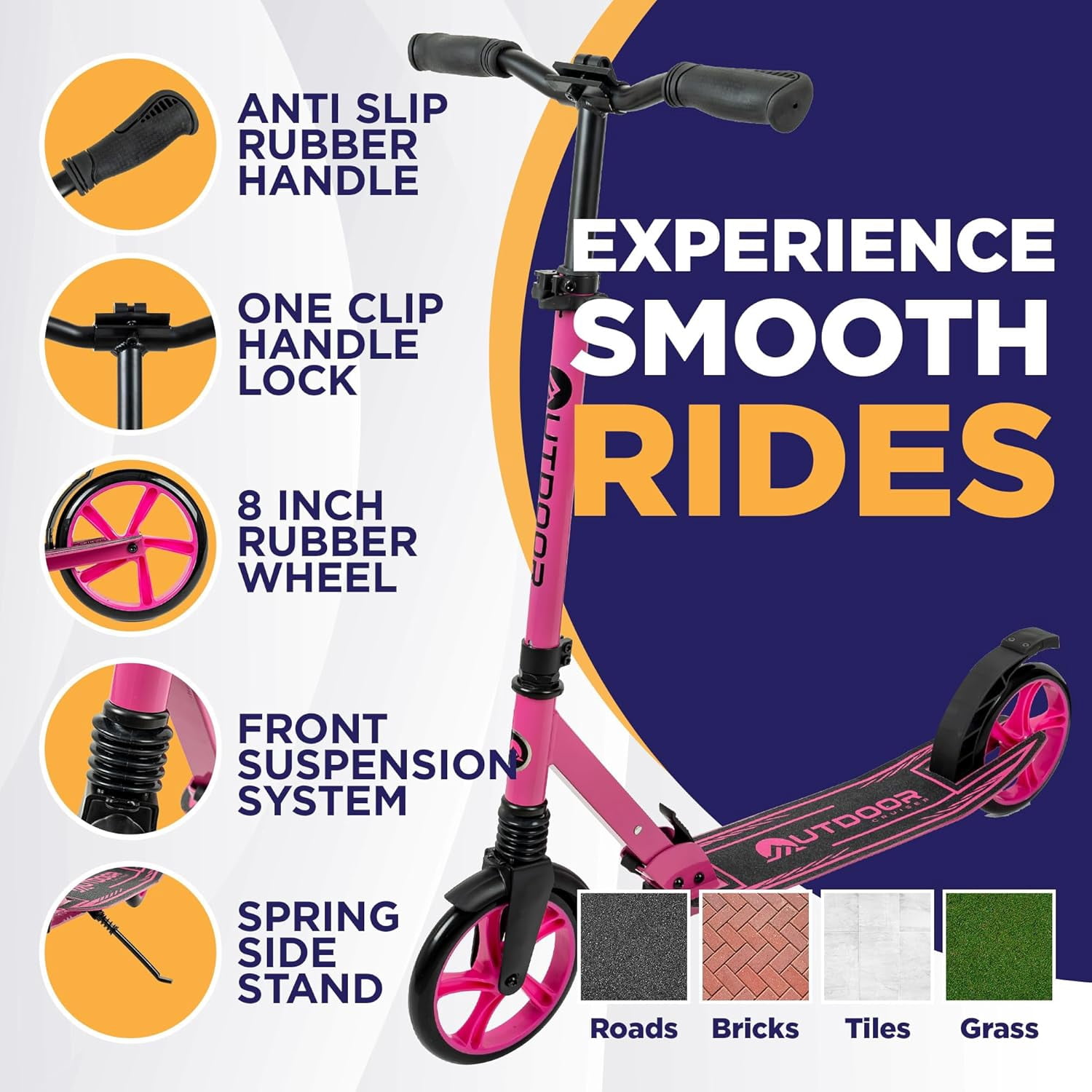 Outdoor Cruiser Kick Scooter for Ages 6+, for Kids, Teens, and Adults, Max Load 250 LBS, Foldable, 8-inch Wheels for Kids and Adults, Dual Suspension, 3 Adjustable Levels, Child Safety Approved, Pink