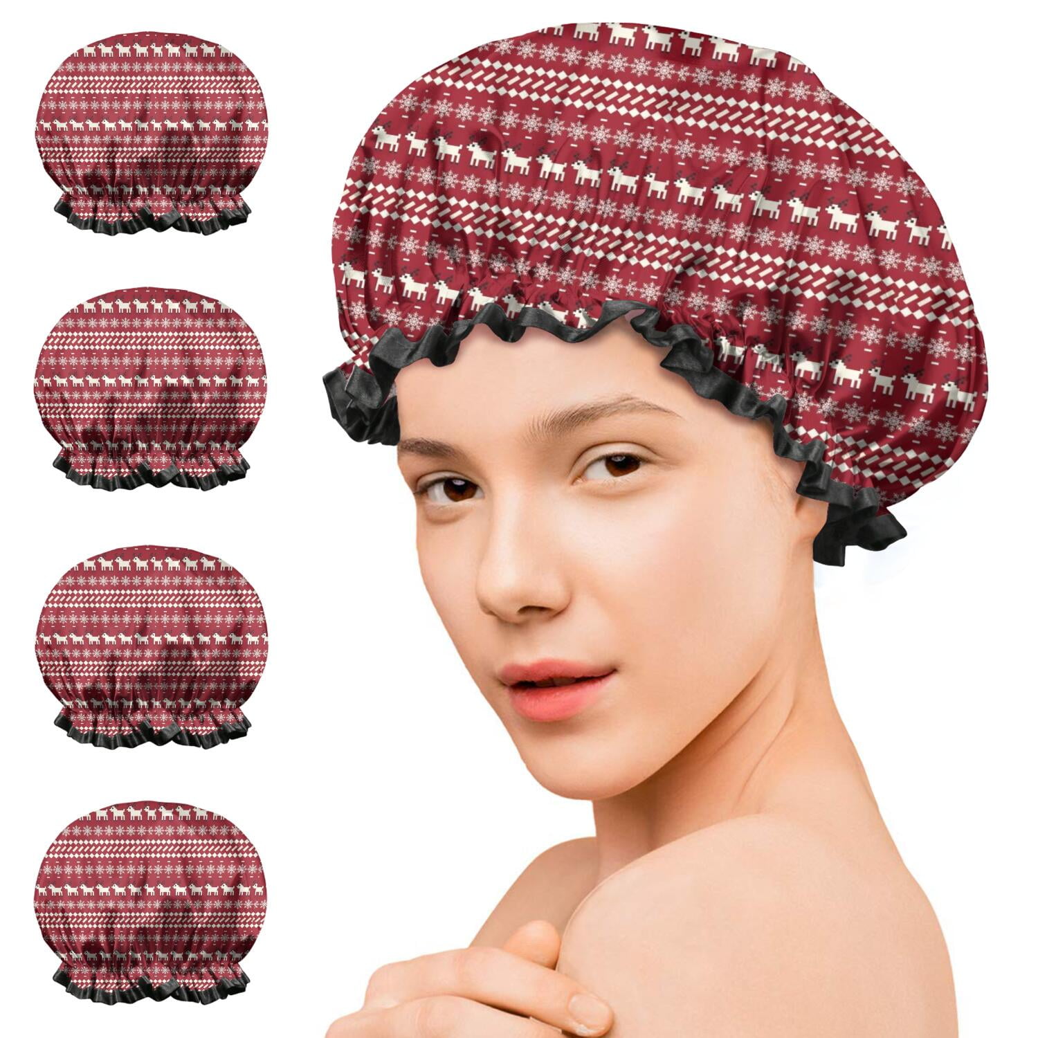 Shower Caps,Red Christmas Folk Pattern Waterproof Shower Cap for Women 4 Pieces,Double Reusable Hair Cover for Shower PEVA Elastic Stretch Hem