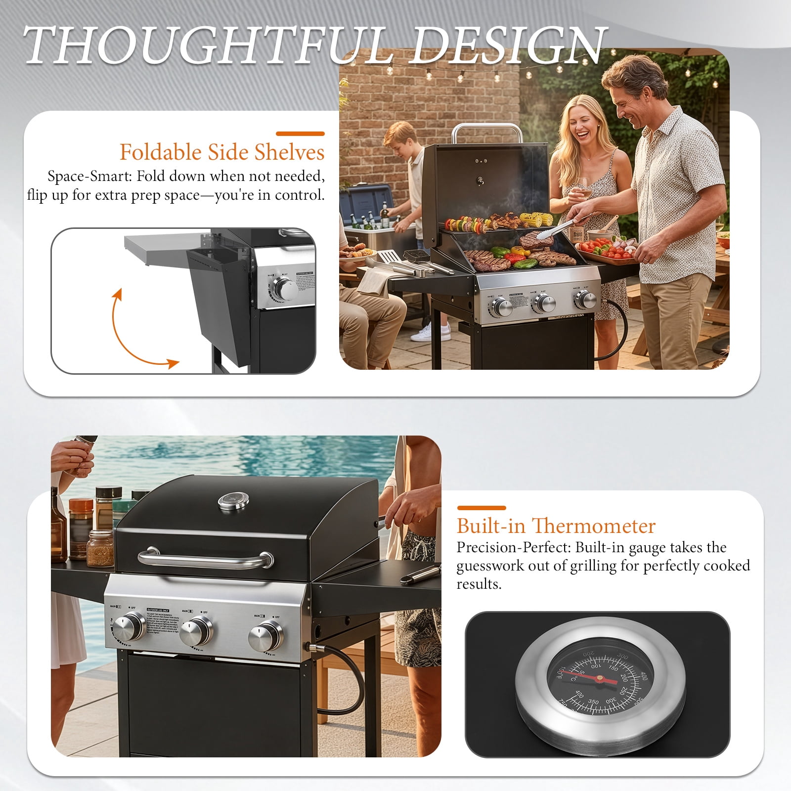 Ktaxon 3 Burner Propane Gas Grill 36,000 BTU with Lid,Ceramic Coated Cast Iron Rack,Side Shelves,Wheels