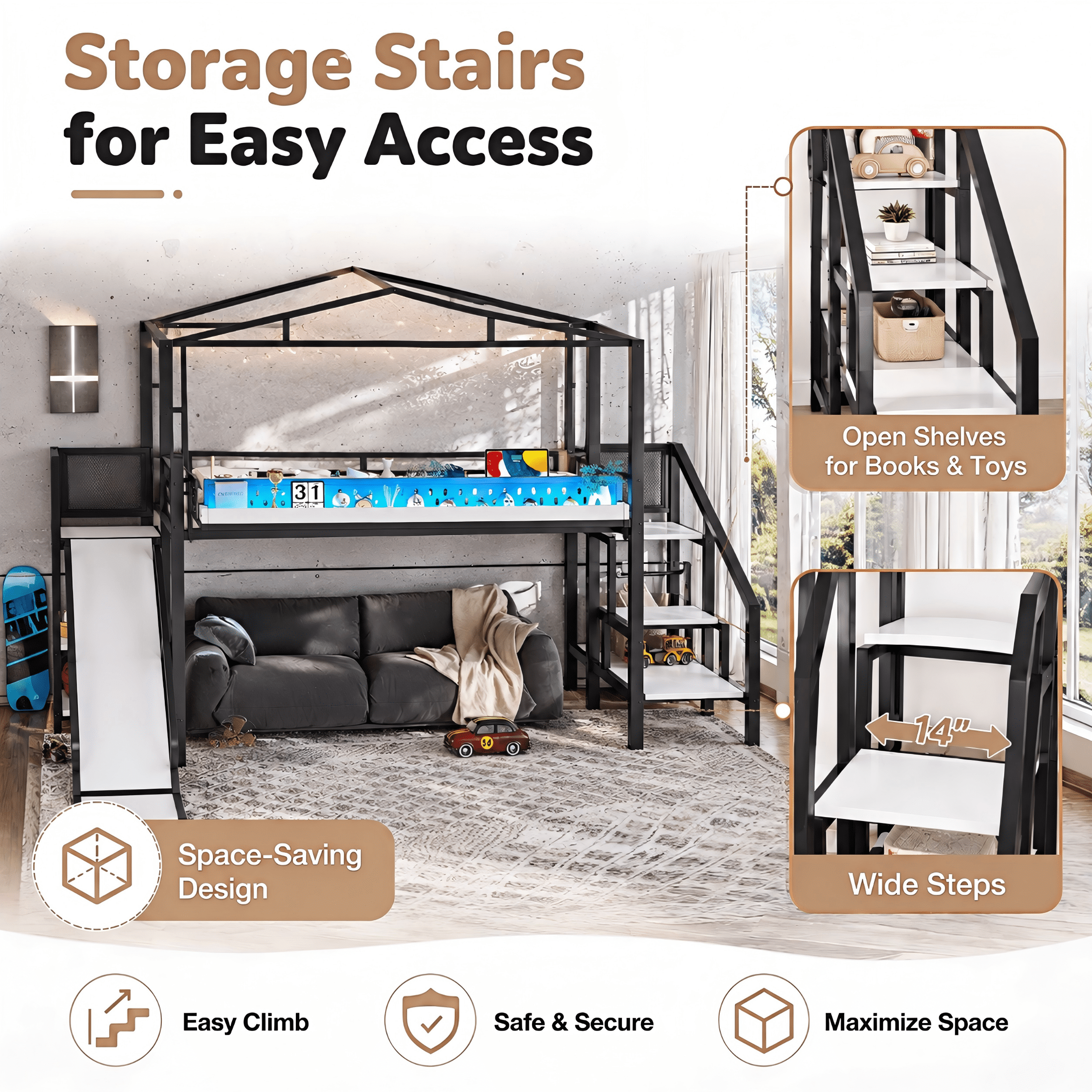 Aukfa Twin Loft Bed with Storage Stairs, Slide, Shelves, USB Ports and LED Lights, Metal Loft Bed for Kids, Noise-Reduced Design, Black