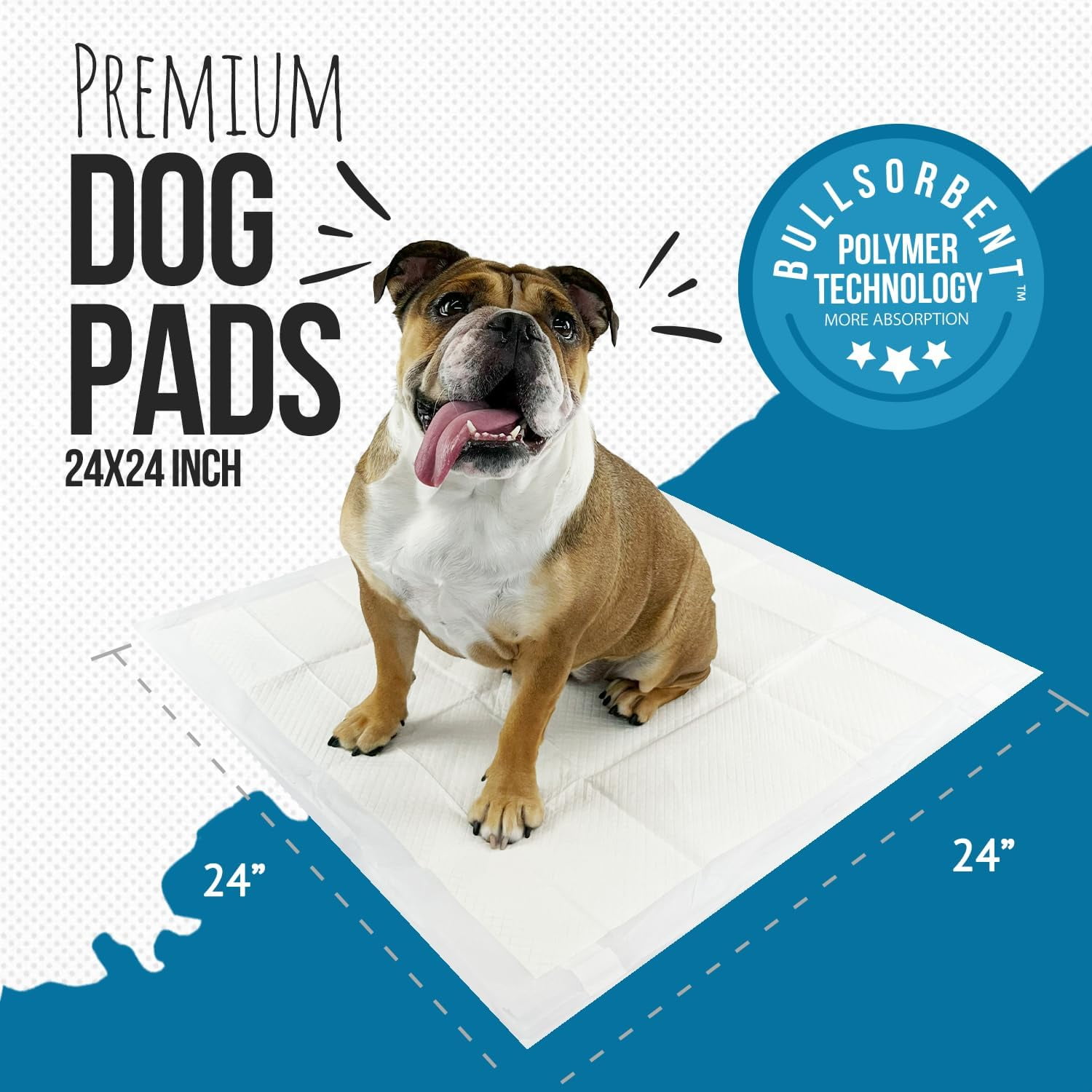 Bulldogology Premium Puppy Pee Pads with Adhesive Sticky Tape (24x24) Large Dog Training Wee Pads with 6 Layer Extra Quick Dry Bullsorbent Polymer Tech (150-Count, White)