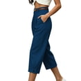 thumbnail image 5 of Women's Capri Suit Trousers High Waist Pleated Cropped Wide Leg Dress Pants with Pockets Business Casual office Work Cropped Pants Navy, 5 of 6