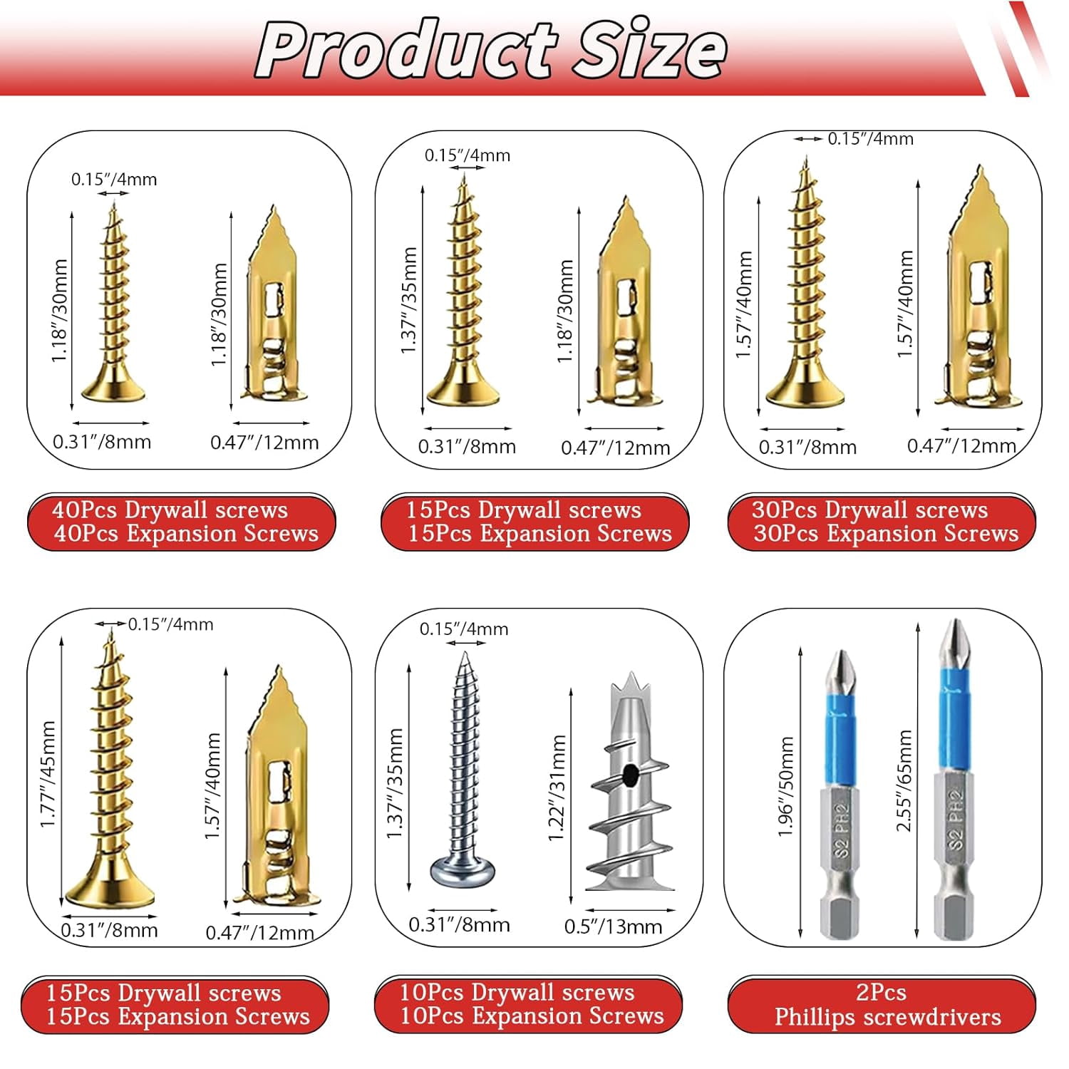 220PCS Self Drilling Drywall Anchors with Screws Kit,5-Sizes Metal Expansion Bolt for Dry Wall,110 PCS Sheetrock Anchors and 110 PCS Screws-No Drill Needed