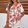 thumbnail image 3 of Xoenoiee Red Toile De Jouy Palm Tree Print Women's Shirt Tunic Top, Round Neck Shirts Short Sleeve Linen Like Blouse Button Decor Dressy Loose Fit Pullover Top for Outdoor Vacation, 2XL, 3 of 7