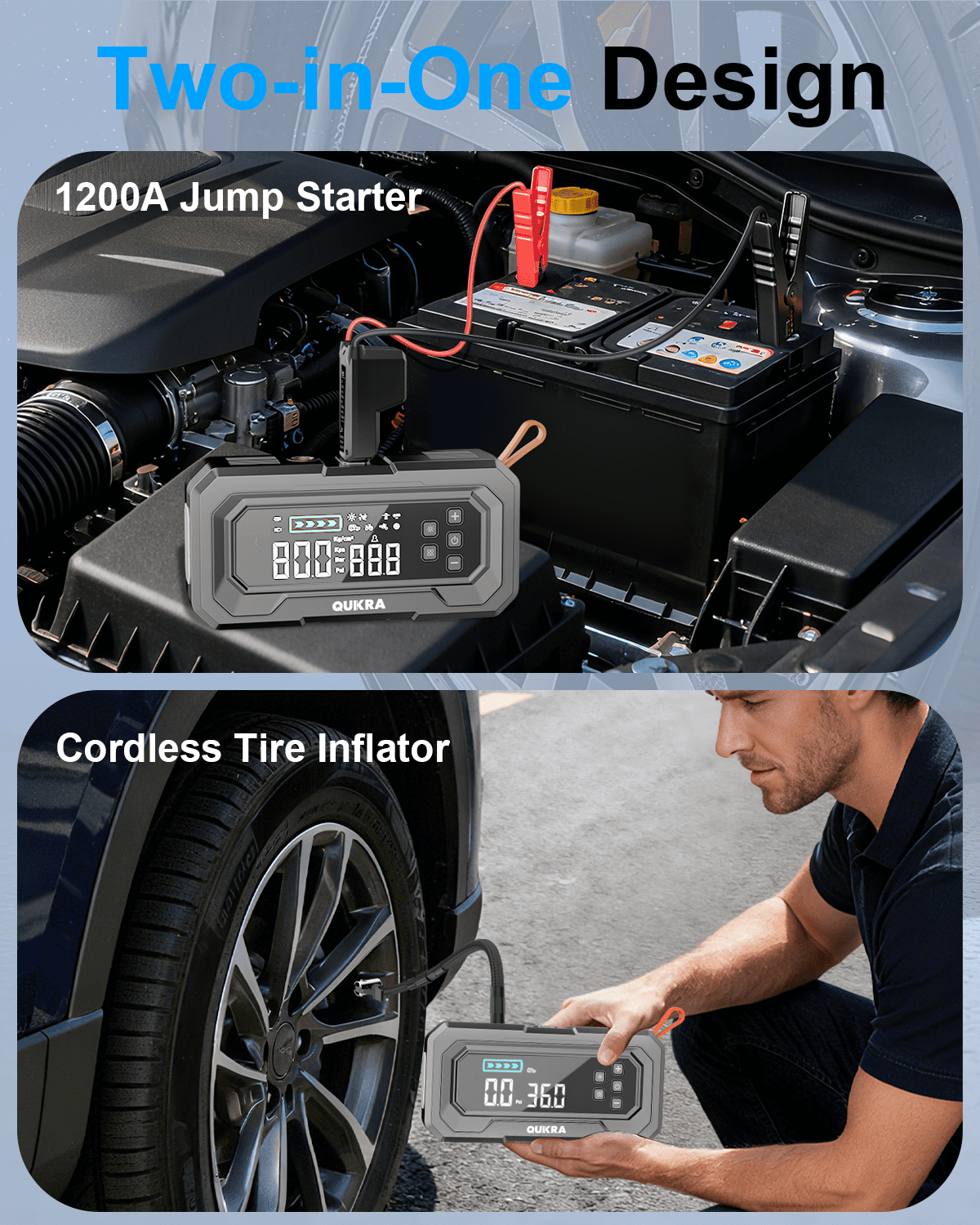 QUIKRA Jump Starter with Air Compressor,2000A Portable Battery Booster for 4.2L Gas or 3.0L Diesel with 150PSI Auto-Shutoff Tire Inflator, 12V Lithium Jump Box Car Battery Jumper Starter