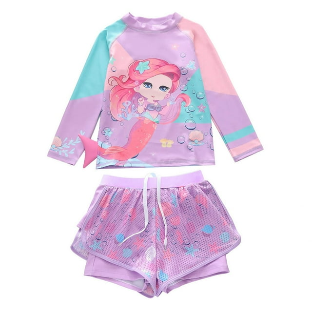 Luvoko Child Girls Cute Bikini Set 2 Piece Bathing Suits Beach Rash, Girls Long Sleeve Swimsuit Animals Toddler Shorts Rash Guard Sets Period Bathing Suit Bottoms Crinkle Swimsuit(Hot Pink,6-7 Years)