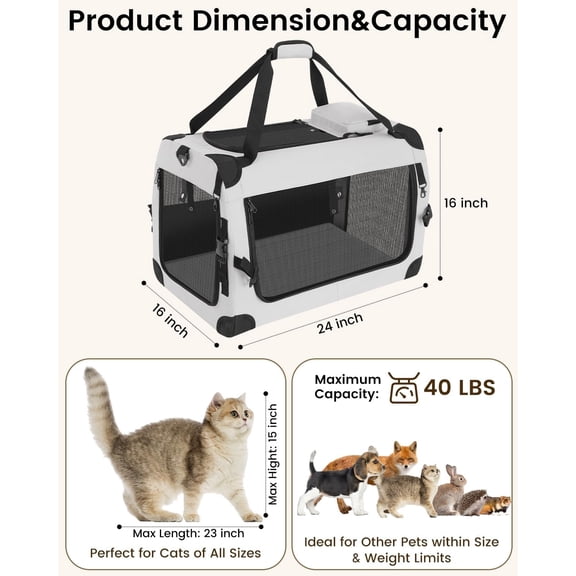 Extra Large Cat Carrier for 2 Cats, Portable Soft-Sided Pet Carrier for Small Dogs, Puppies & Rabbits, Collapsible Travel Carrier with Removable Cozy Pad & Storage Pockets, 24"×16"×16"