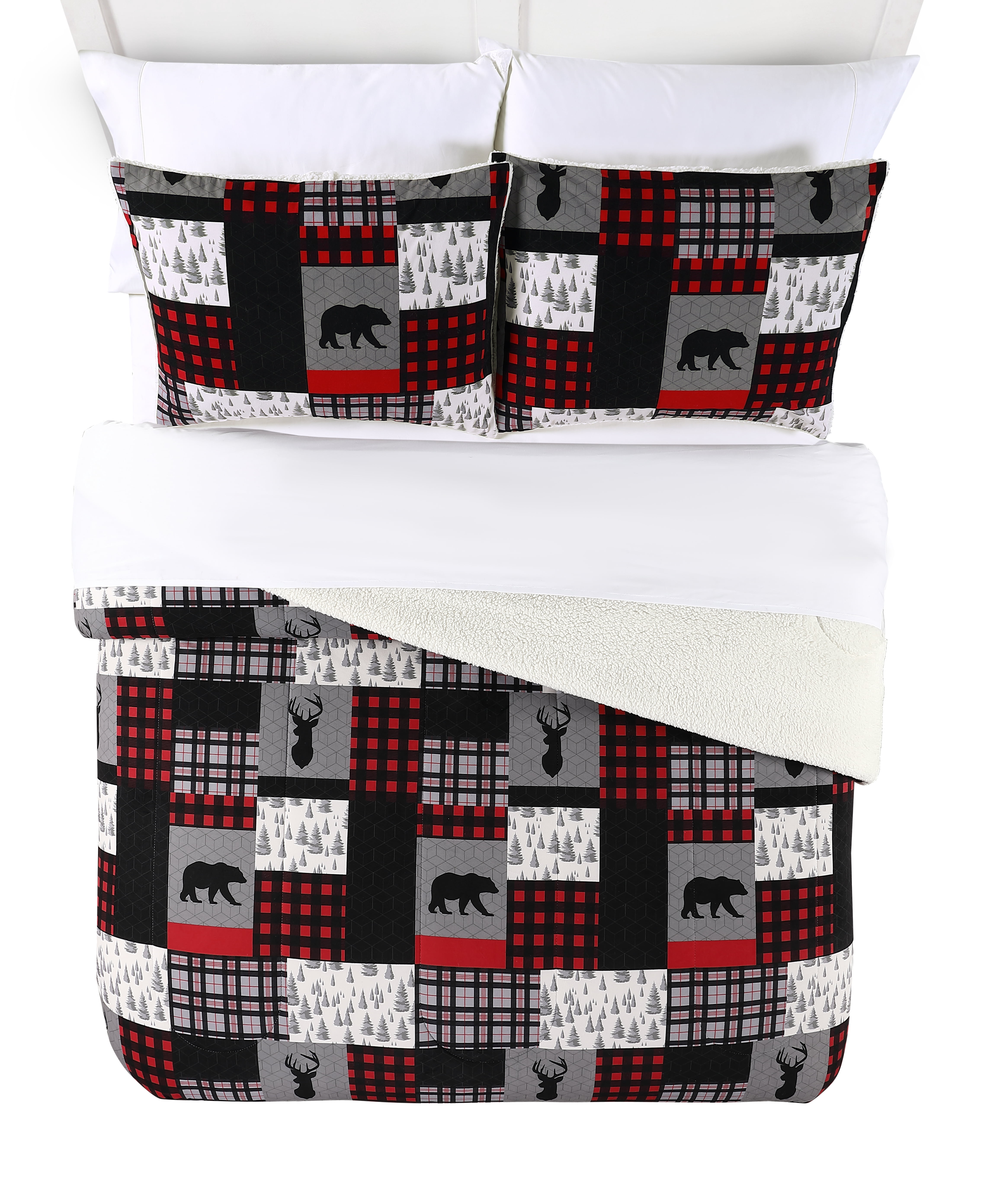 Mainstays Flannel Reverse to Sherpa 3-Piece Woodland Multi Animal Plaid 100% Polyester Fill Comforter Set, Twin