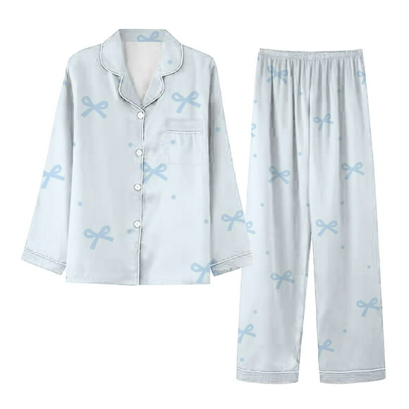 RANJIE Women Valentine's Day Pajamas Set Long Sleeve Love Printed PJ Sets Button-Down Pajama Sleepwear Loungewear, Blue M