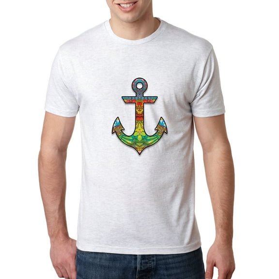 Wild Bobby, Trippy Mandala Nautical Colorful Mosaic Anchor | Mens Fashion Premium Tri Blend T-Shirt, Heather White, Small