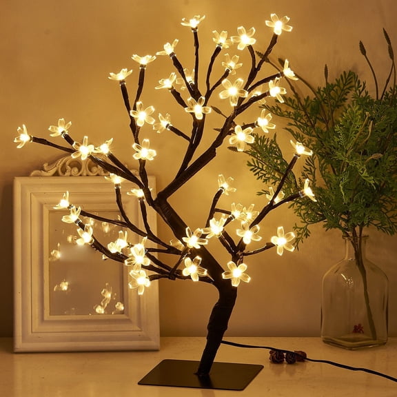 15.74Inch Lit Cherry Bonsai Tree Night Light, Warm White LED Light with Adapter, Home Bedroom Living Room Festival Party Decor