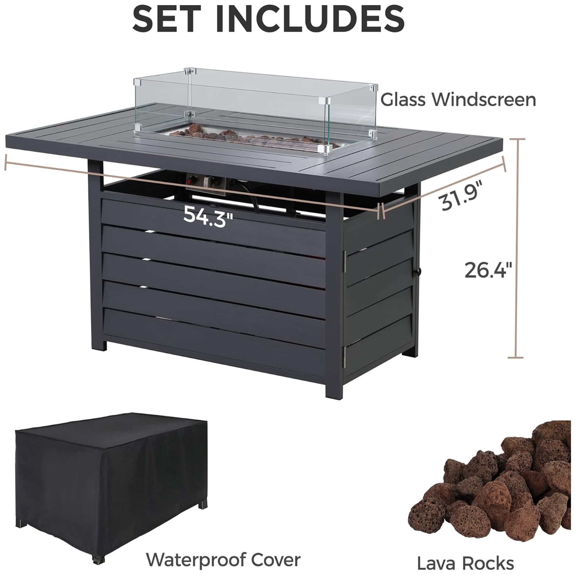 KIOOTTO 54" Aluminum Outdoor Gas Fire Pit Table, 50,000 BTU Propane Fire Table with Glass Shield & Lid, Rust-Free Rectangular Patio Coffee Table, Dark Gray