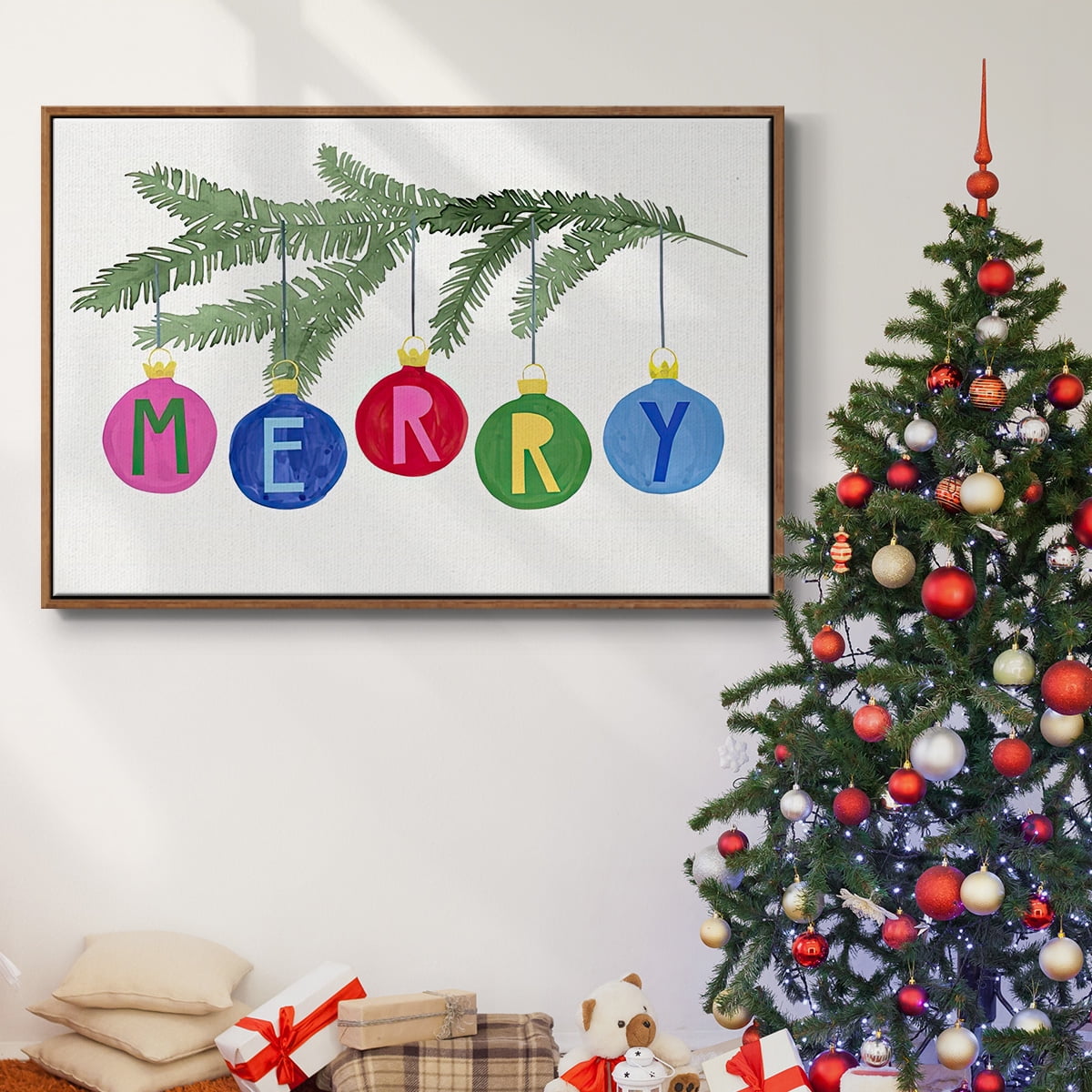 Colorful Christmas Collection A - Framed Gallery Wrapped Holiday Canvas - 25 x 37 - Rosewood Frame