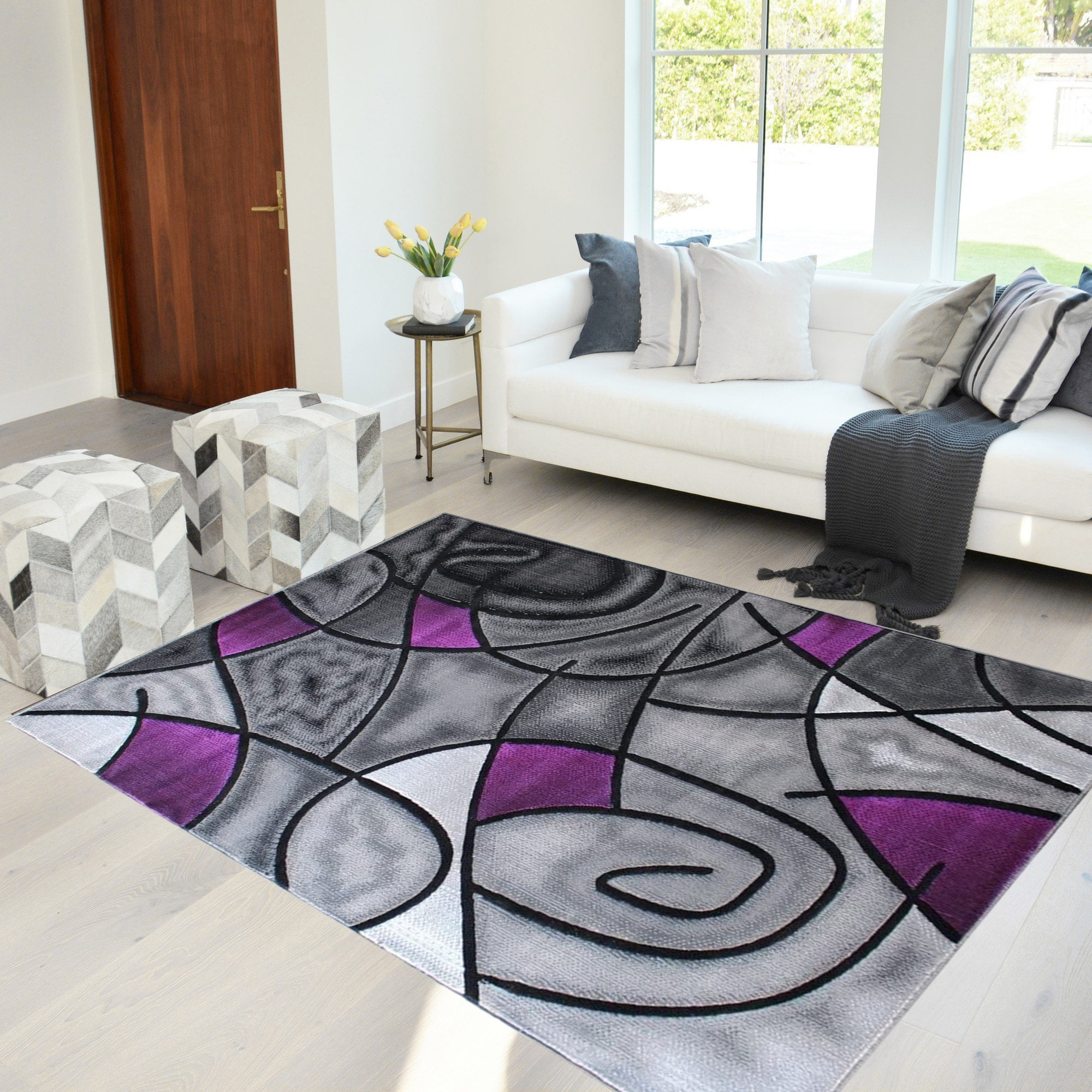 Purple/Grey/Silver/Black/Abstract Area Rug Modern Contemporary Circles