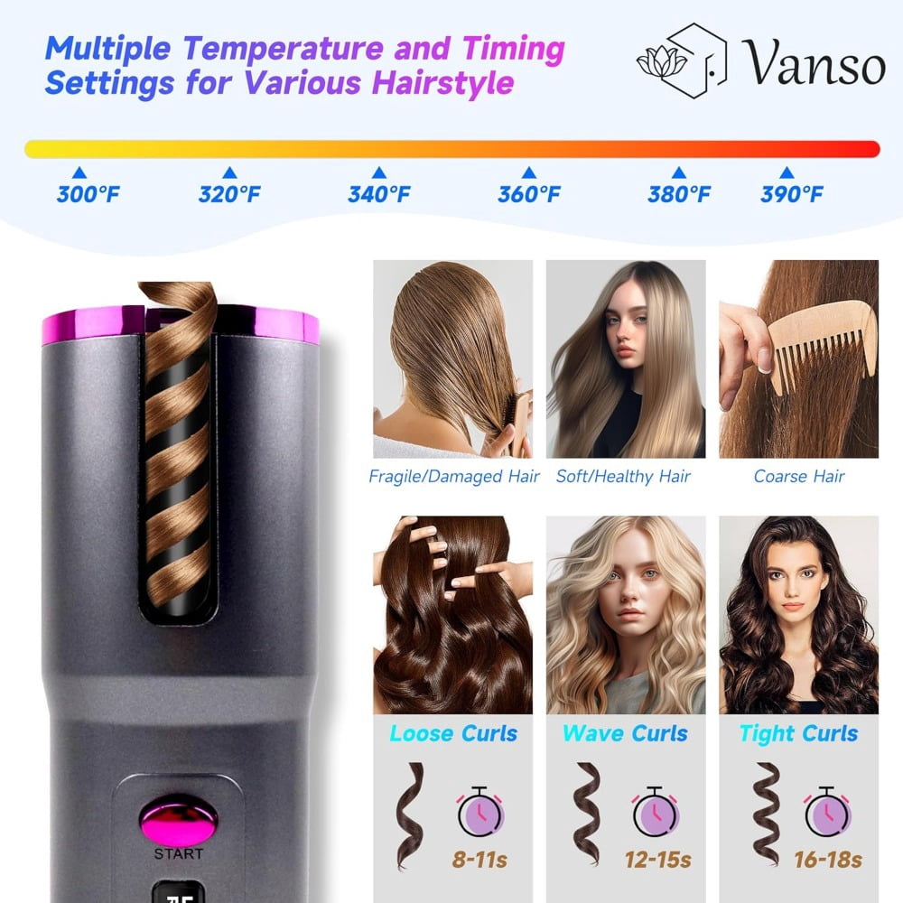 Cordless Automatic Curling Iron,Ceramic Auto Hair Curler with LCD Display 6 Temps & Timers,Portable USB Rechargeable Curling Iron Wand,Detangle & Scald-Free