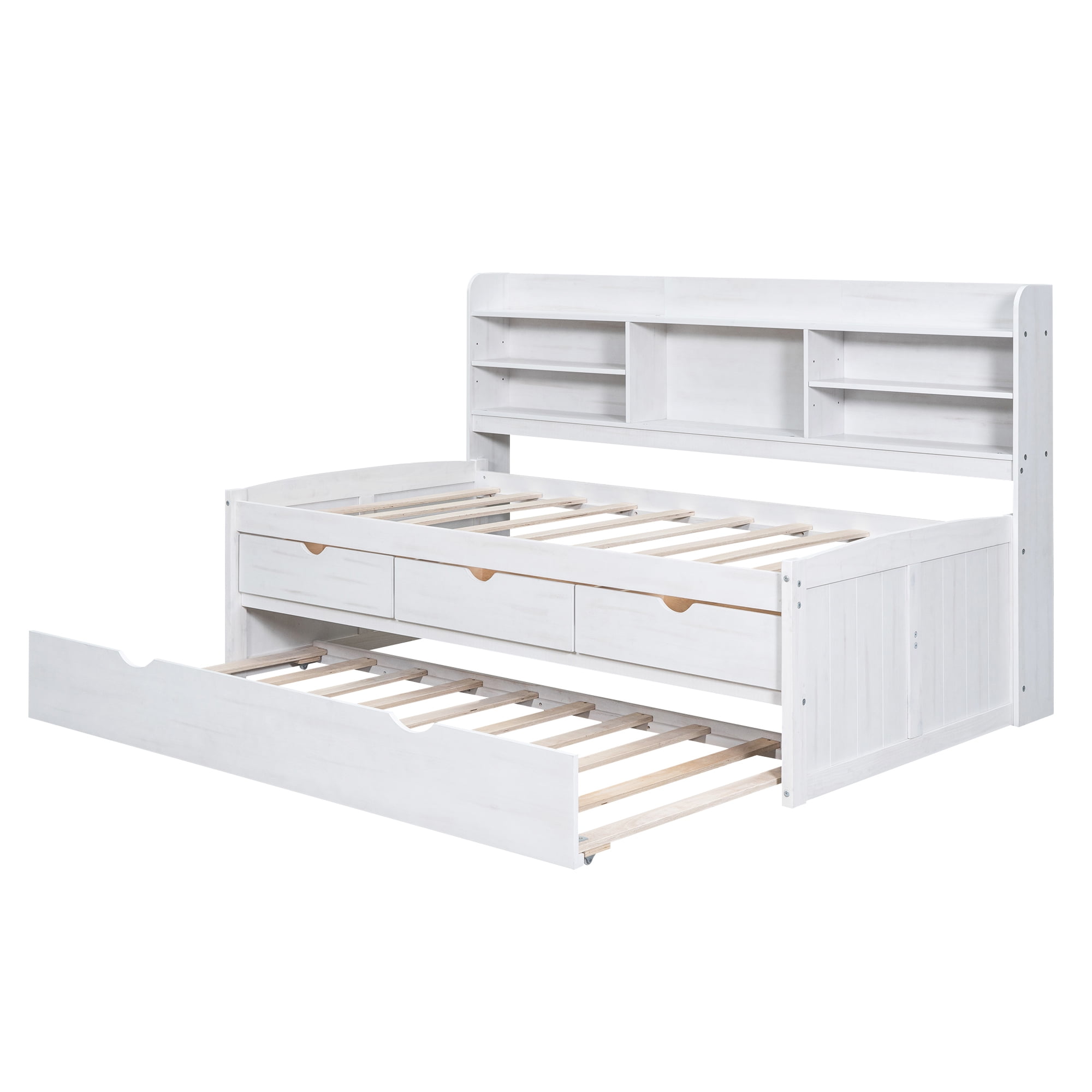 EUROCO Twin Size Captain Bed, Daybed with Trundle and Bookcase,Drawers and Shelf Platform Bed, White