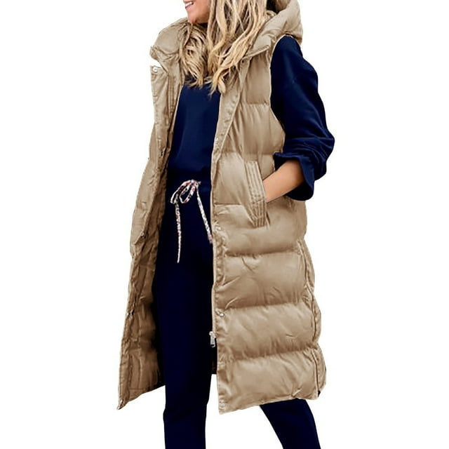 MAWCLOS Doudoune Sans Manches pour Femmes Gilet à Capuche Veste de Voyage Décontractée Sans Manches Khaki m