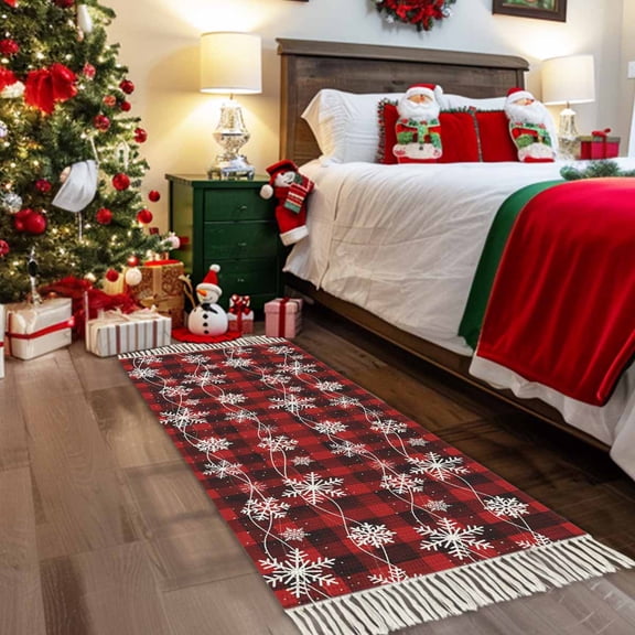 Christmas Hallway Runner Rug 2x5ft,Black Red Buffalo Plaid Winter Xmas Snowflake Washable Woven Living Room Bedroom Kitchen Bathroom Carpet with Tassels,Indoor Outdoor Throw Door Mat for Entryway