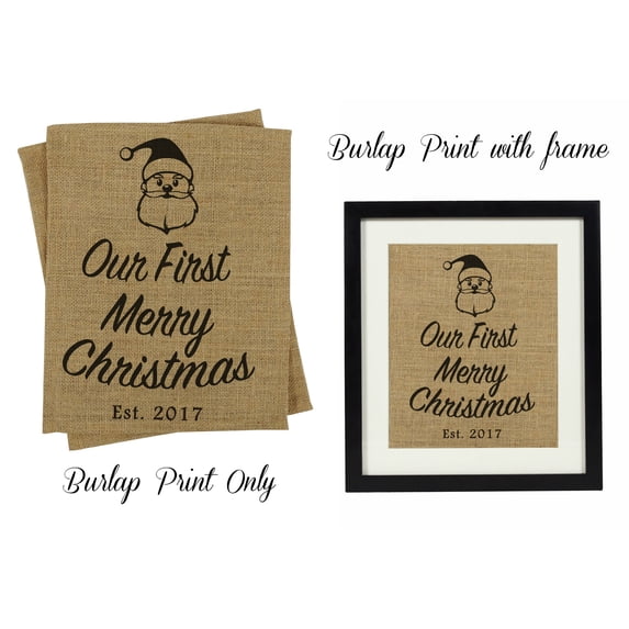 Darling Souvenir Our First Merry Christmas Burlap Print Santa Face Home Decor Personalized Gift Idea-Burlap Print Only(11 x 14 Inches)