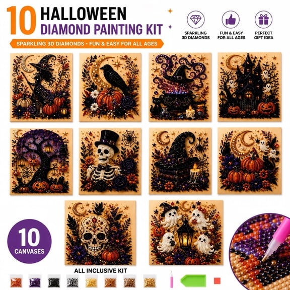 Halloween Pearl Art Kits,10 Unique DIY Diamond Painting Crafts for Adults & Kids,5D Crystal Gem Art Kit for Beginners,Fall Home Wall Decor & Halloween Party Gift