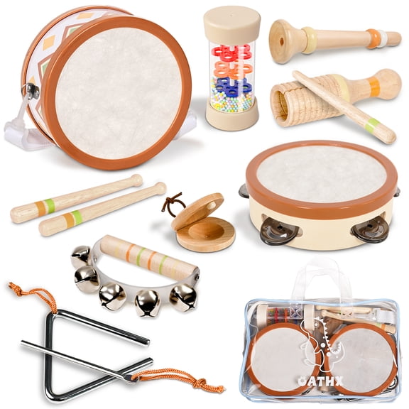 OATHX Kids Drum Set Tambourine Maracas Toy Drum Baby Music Kit Wood Musical Instruments for Toddler