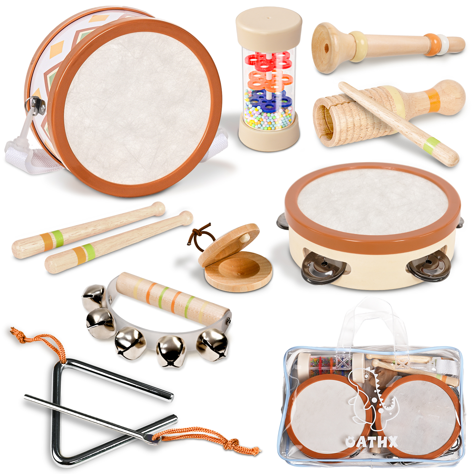 Oathx Kids Wooden Drum Set with Tambourine, Maracas & Accessories