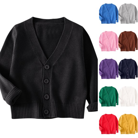 Husipze Knit Cardigan Sweater for Girl Boy Button down Open Front Warm Cozy Lightweight V-neck Casual oft Comfortable Outerwear Tops Black 2-3 Years