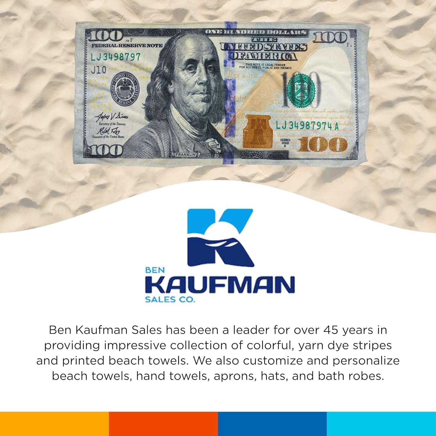Kaufman $100 Bill and 4th of July American Flag Printed Beach Towel Set - 2 Towels 30" x 60