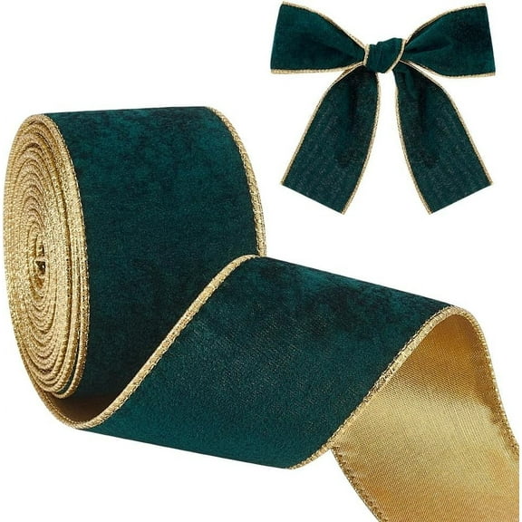 10 Yards Velvet Wired Ribbon 2.5 Inch Dark Green and Gold Velvet Ribbon for Gift Wrapping Vintage Wide Wired Edge Ribbon for Christmas Tree Topper Crafts Wreaths and Wedding Decor