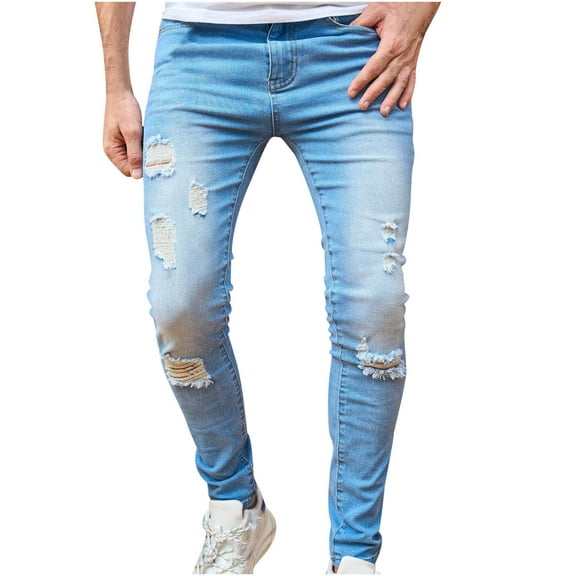HOOMEUMY Men's Stretch Slim Fit Biker Jeans Washed Punky Destroyed Ripped Casual Distressed Denim Pants with Holes Black L
