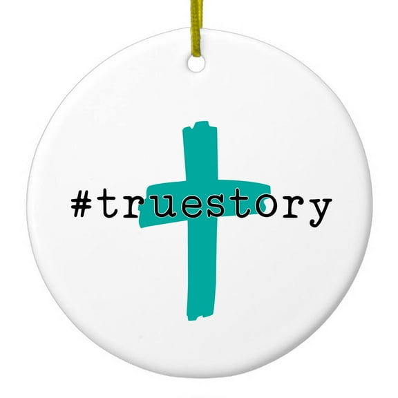 DistinctInk Hanging Ceramic Christmass Tree Ornament with Gold String - Great Gift / Present - 2 3/4 inch diameter - #truestory - Cross - Christian - Teal