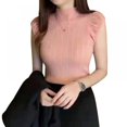 thumbnail image 1 of EIMELI Vente Chaude! Femmes'S T-Shirt Col Rond Demi-Col Roulé Solide Slim Coupe Côtelée Tricot Sans Manches Chemisier Basique Tops Rose, 1 of 7