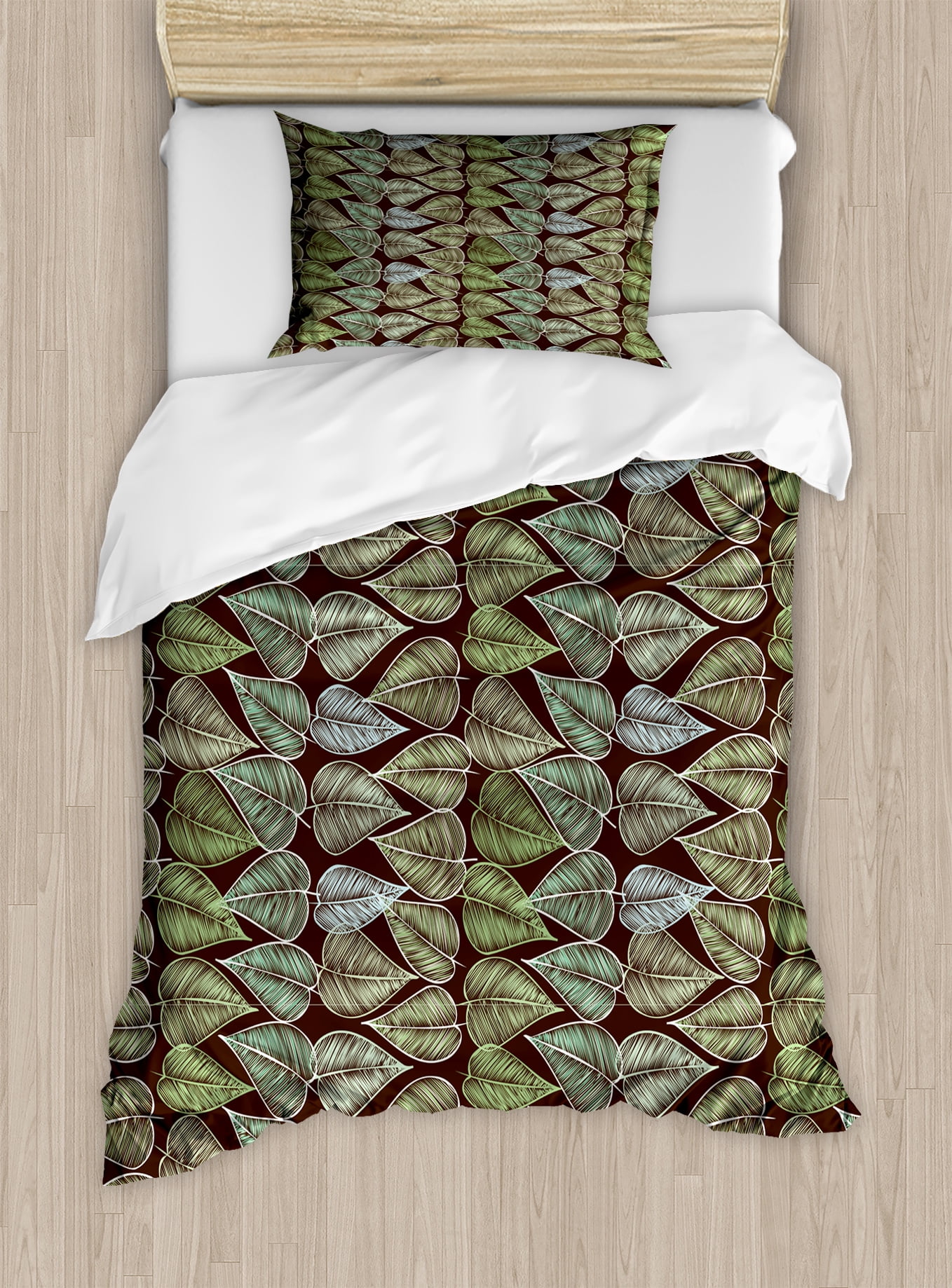 Green And Brown Duvet Cover Set Hand Drawn Foliage Pattern With Leaves Lines Sketch Style Vintage Decorative Bedding Pillow Shams