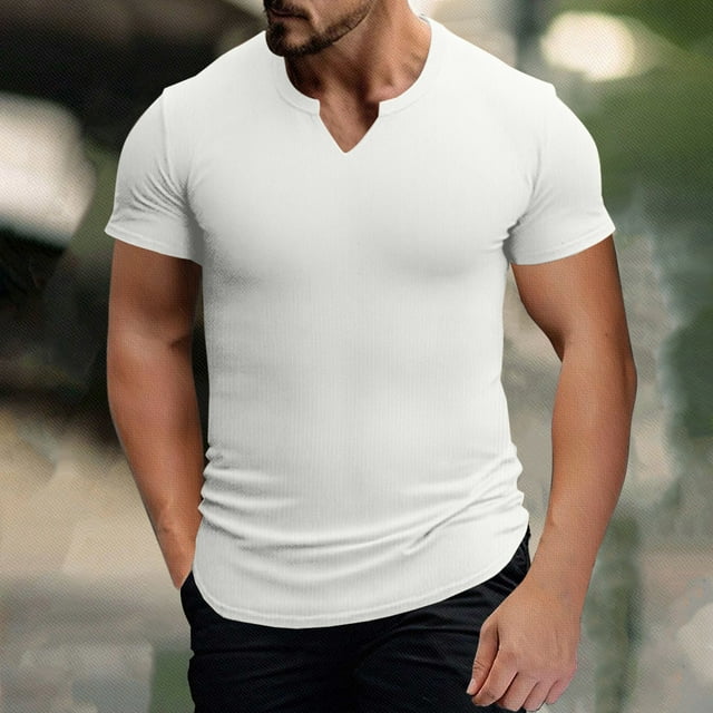 pstuiky camisetas de hombre, Camiseta elástica deportiva de verano para hombre, camisa de tendencia, informal, de manga corta, con cuello en V camisetas de hombre xl
