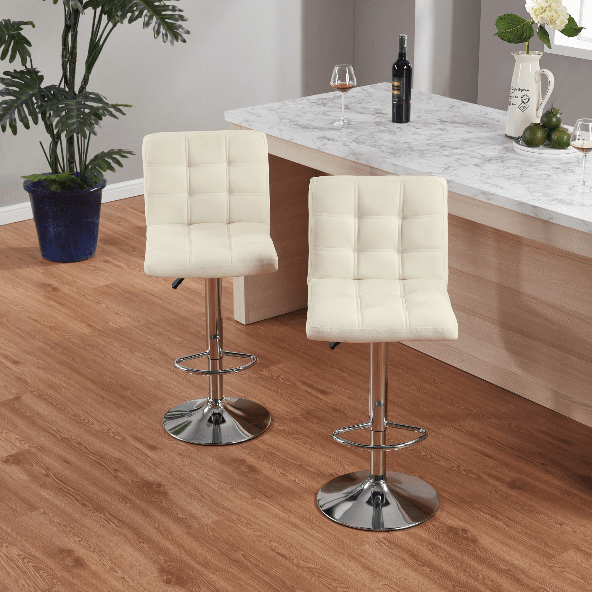 Bar Stools Set of 2 Adjustable PU Leather Swivel Barstools,Counter Height Barstools for Bar, Kitchen Modern Counter Stools with Back and Footrest, Beige